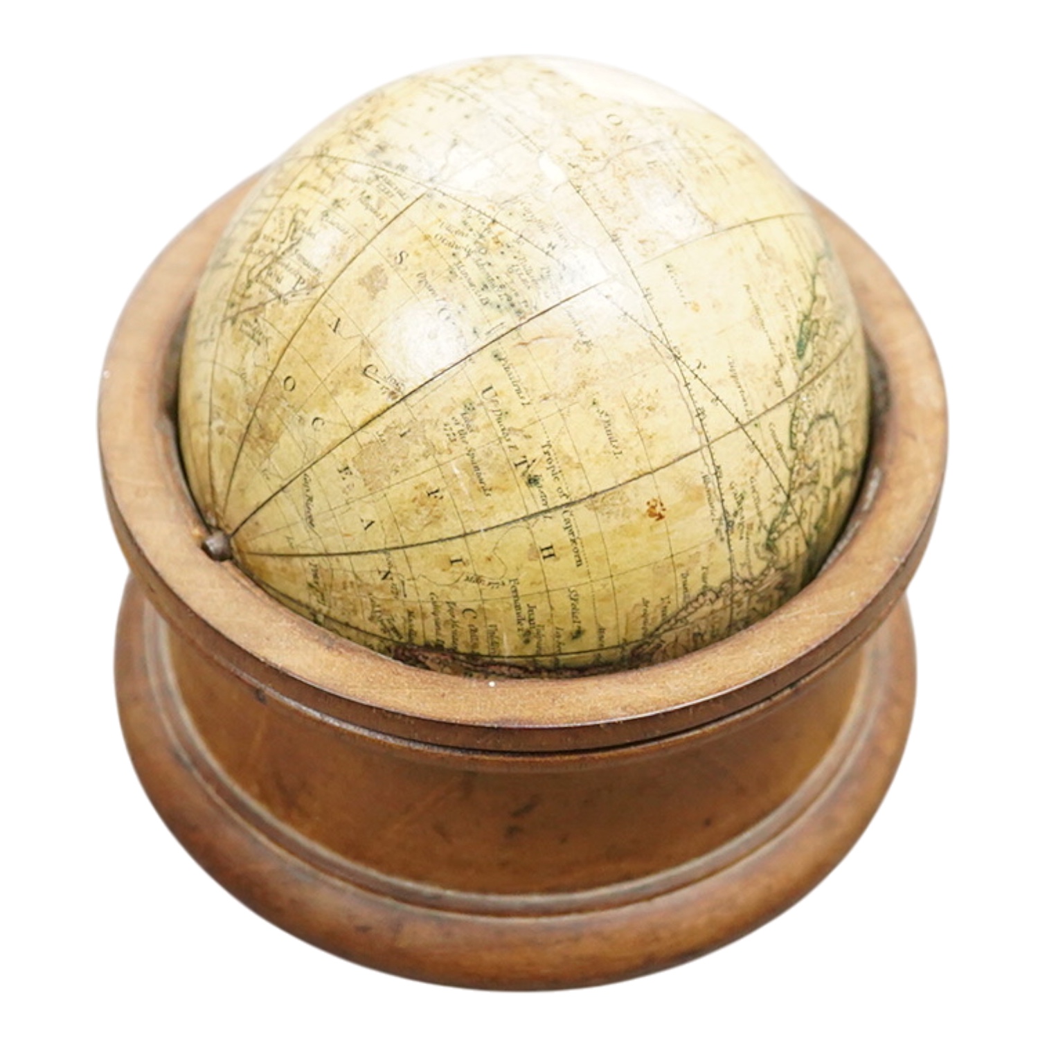 A Newton’s New and Improved Terres[trial] Glo[be], (pocket globe), 3inch diameter, rotating in a 3.3/4 inch later turned mahogany stand, plotting Cook’s voyage of the 1770’s, restored, as specified by Baynes-Cope, but wi